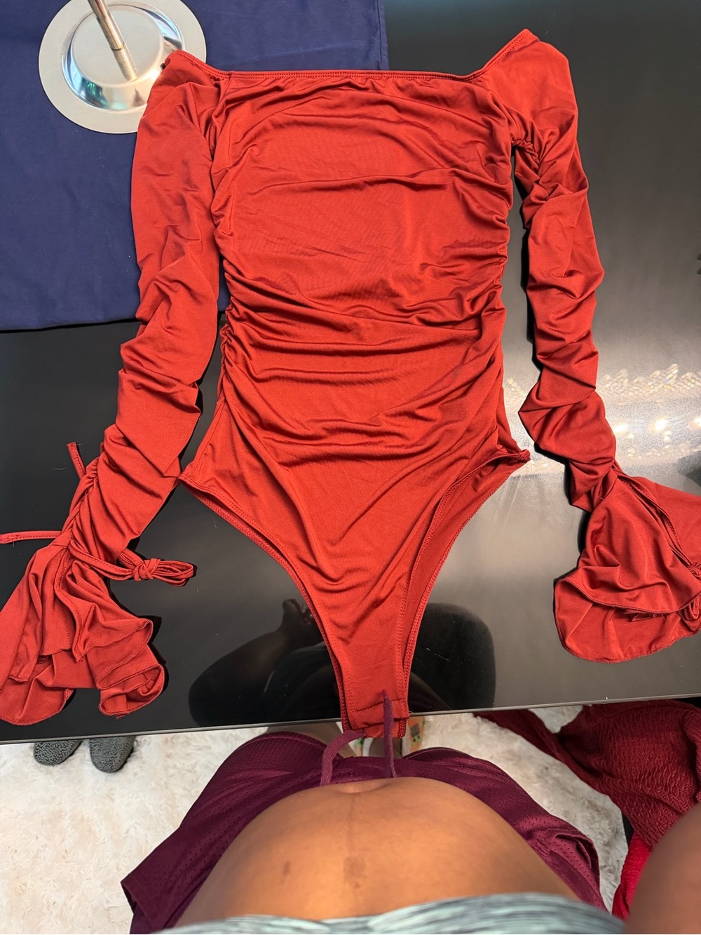 SHEIN Crimson Ruched Long-Sleeve Bodycon Dress - Picture 4 of 6